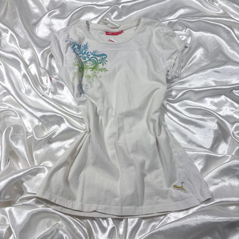y2k Puma T-Shirt White Excellent Floral Graphic Gold Logo Scoop Neck Tee